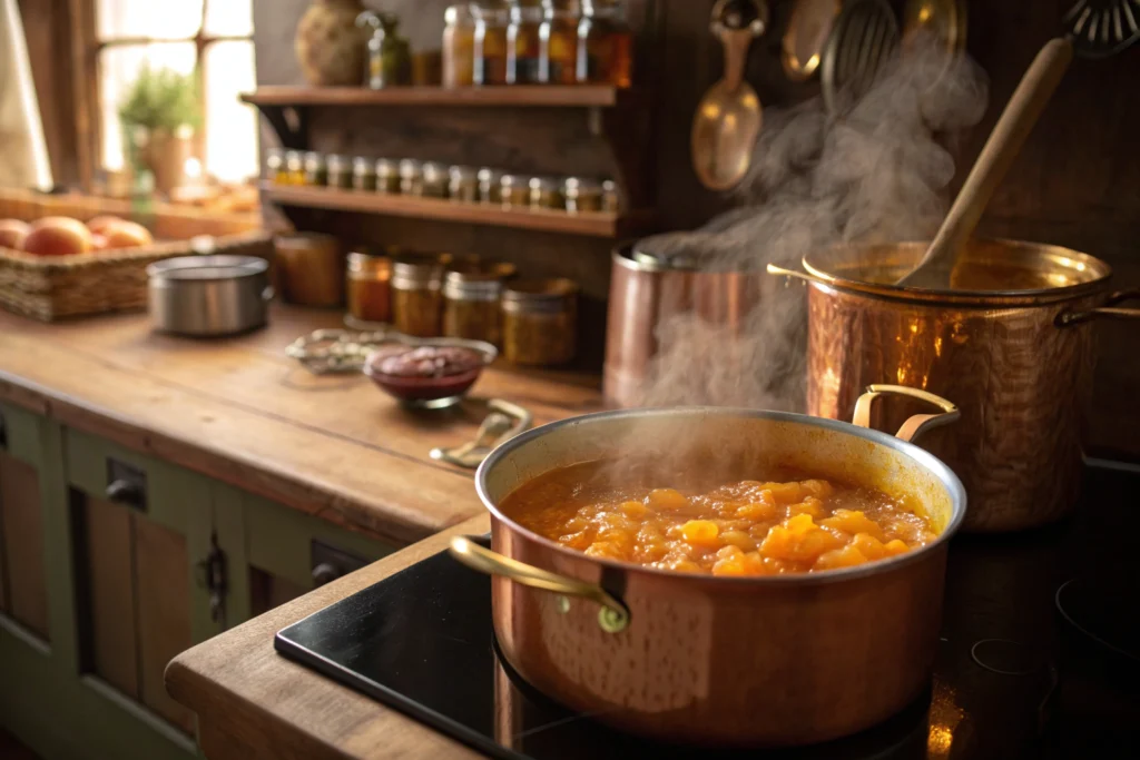 Simmering Apricot Pineapple Jam in a copper pot