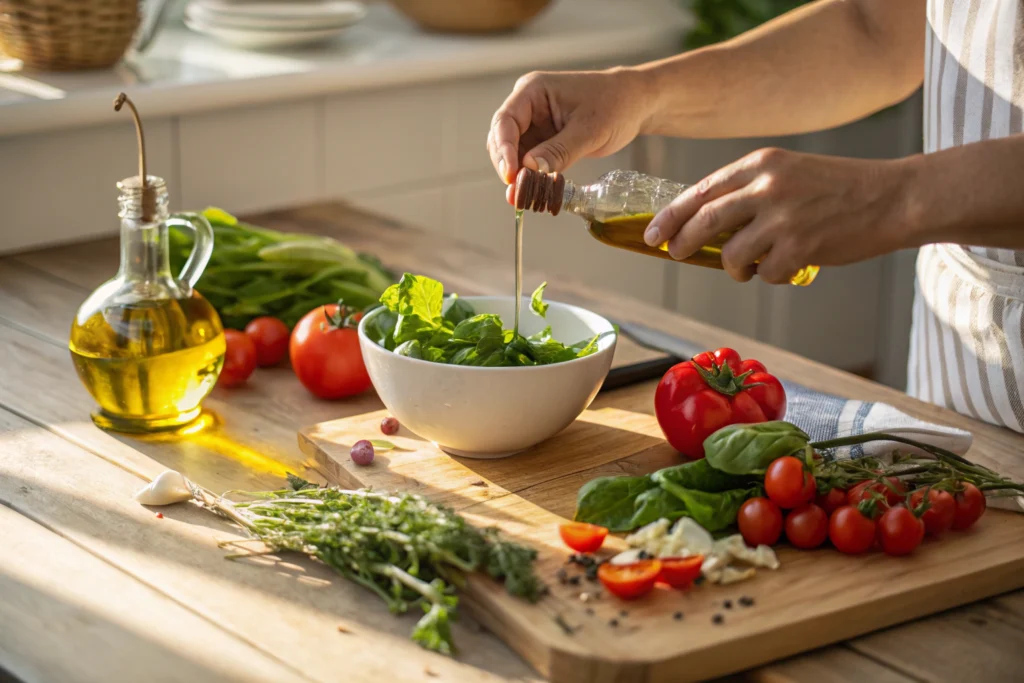 Preparation of Roam Diet Recipes with fresh herbs and olive oil