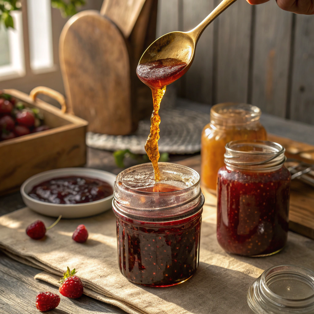 Pouring Apricot Pineapple Jam into glass jars