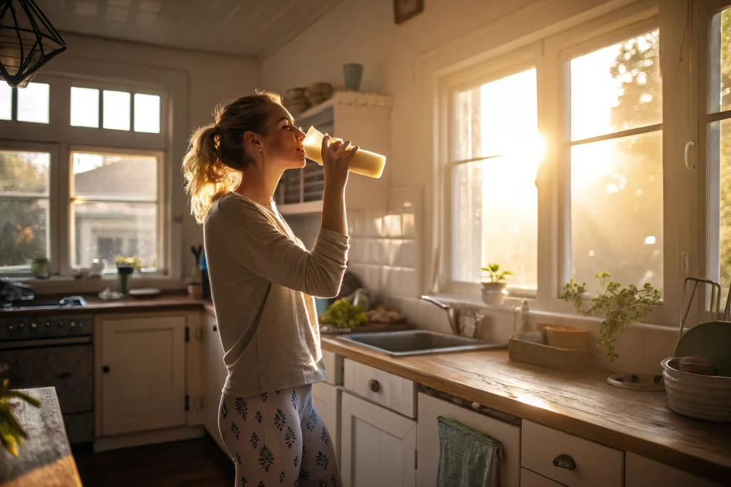 Chef Mia enjoying Banana Bariatric Shake Recipe at sunrise