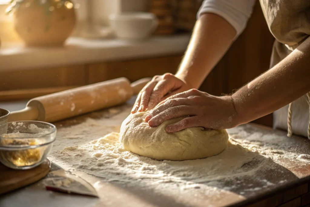 Kneading dough for Reka Bread Recipe on floured countertop