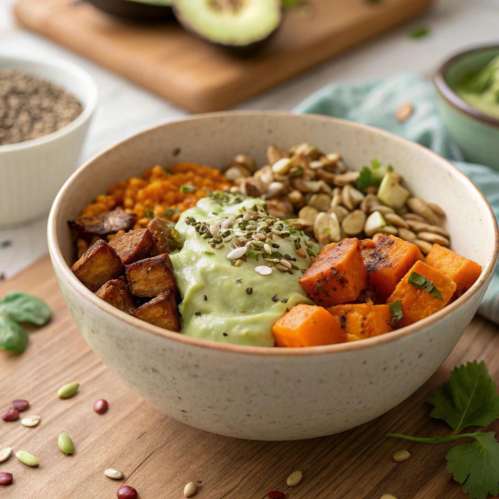 Close-up of Roam Diet Recipes bowl topped with seeds and herbs