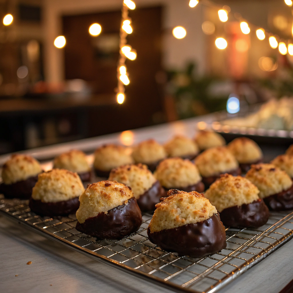 toasted coconut macaroons dipped in dark chocolate