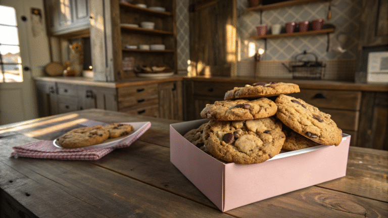 crumbl cookies stacked in pink box on wooden table