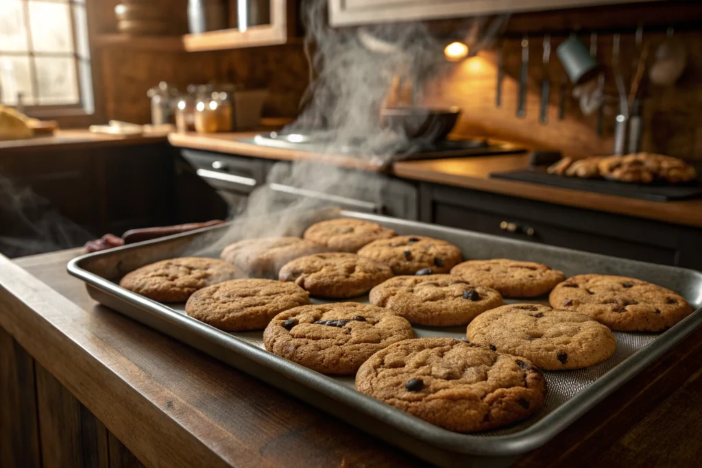 fresh crumbl cookies on baking tray warm from oven