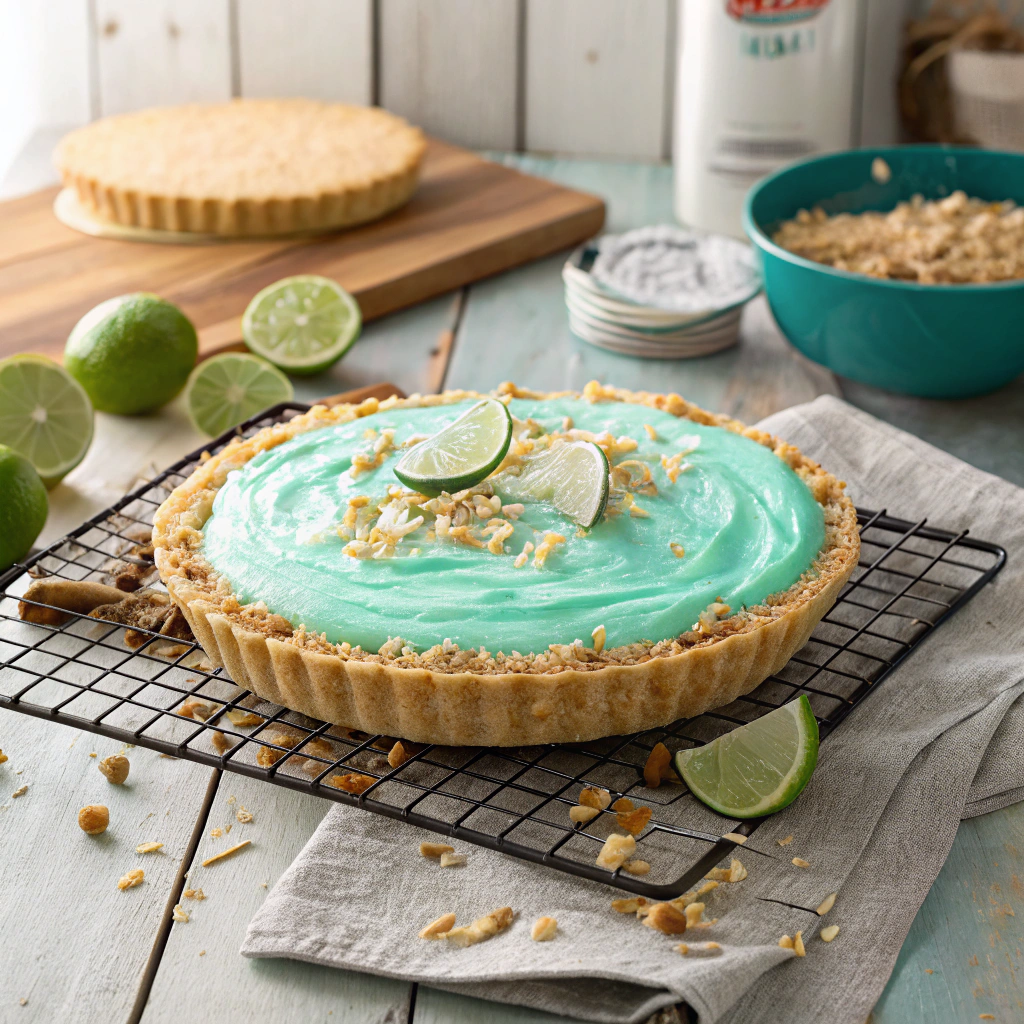 full mountain dew baja blast pie topped with toasted coconut and lime