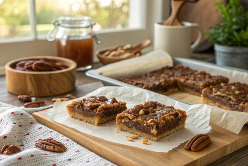 gluten-free Texas pecan pie bars on parchment paper