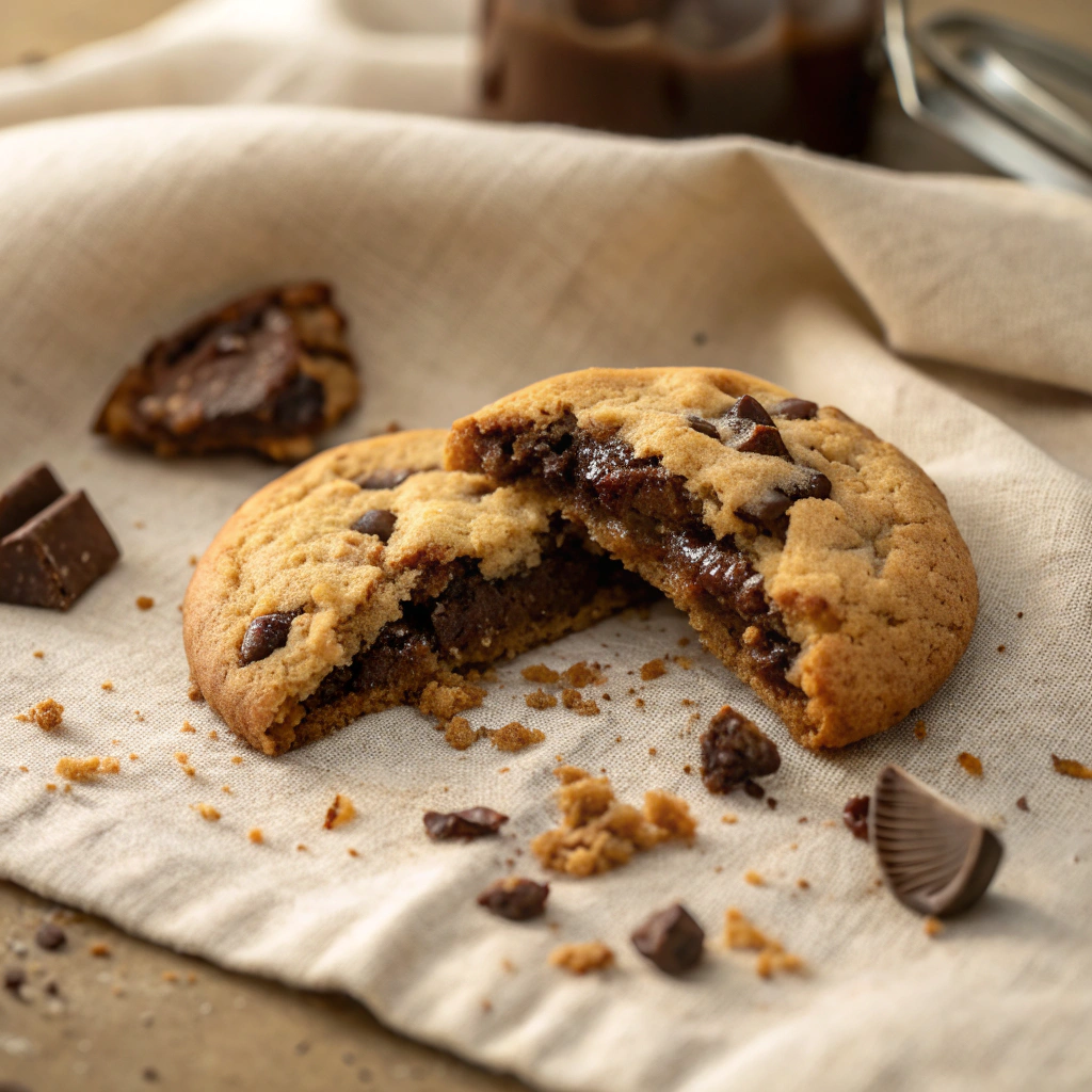 crumbl cookie broken in half with melted chocolate