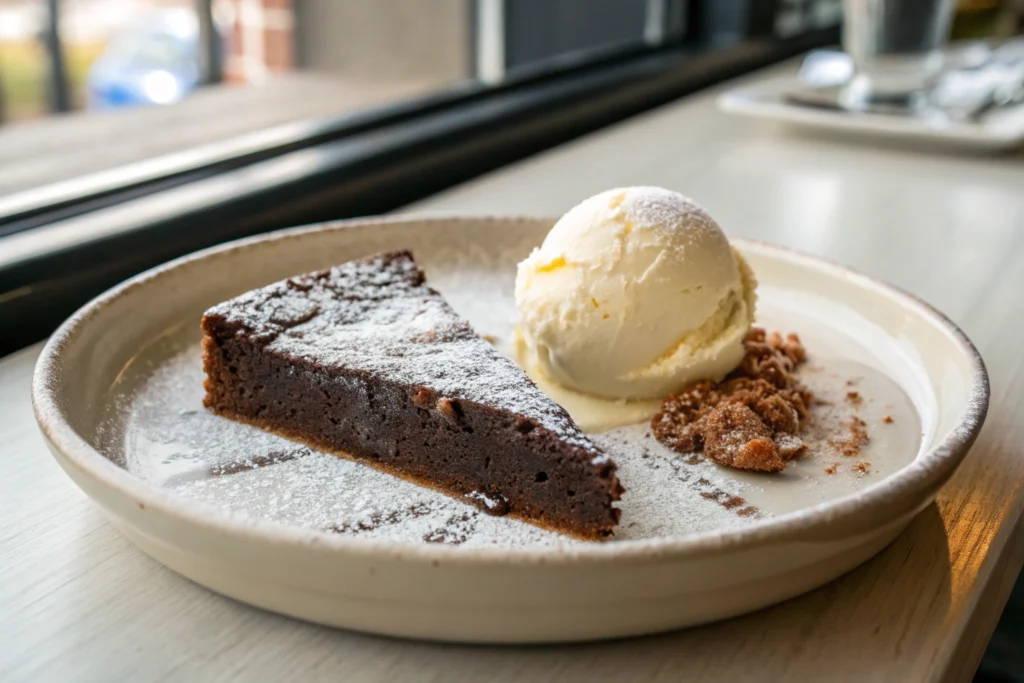 slice of flourless chocolate cake with vanilla ice cream