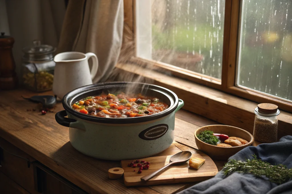 Rustic 15 bean soup simmering in a crockpot near a rainy window