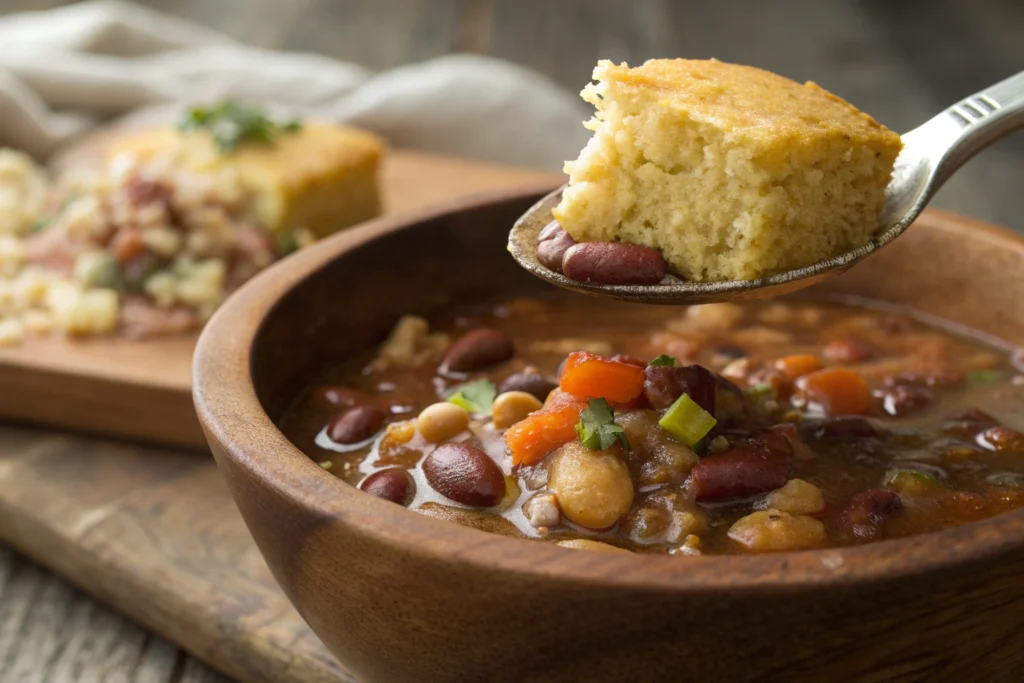 Spoonful of 15 bean soup with cornbread