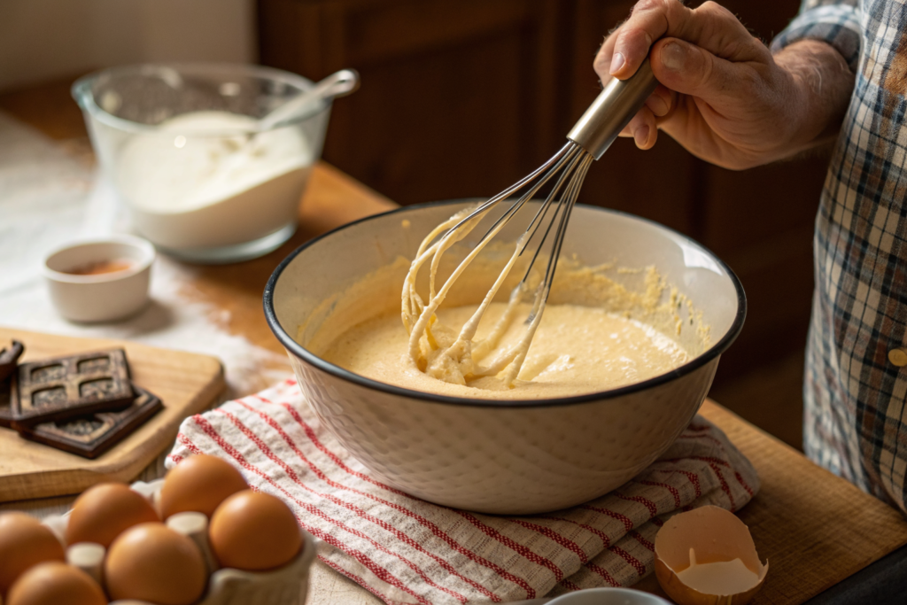 waffle batter without milk mixing bowl close up