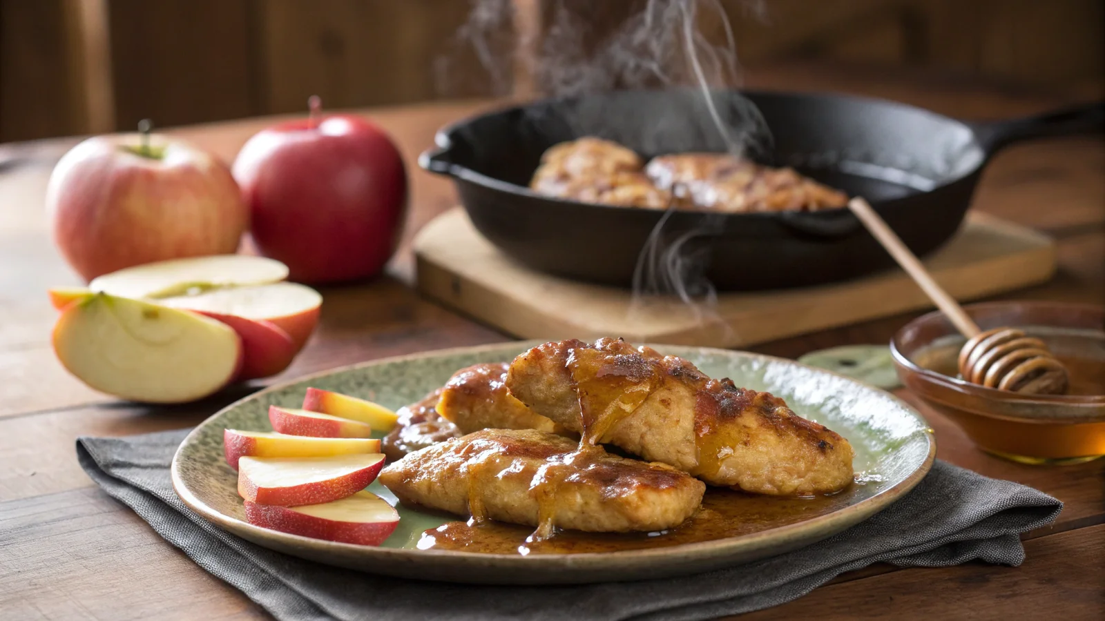 Apple and honey-glazed chicken tenders recipe using fresh apples on a plate with honey glaze and apple slices