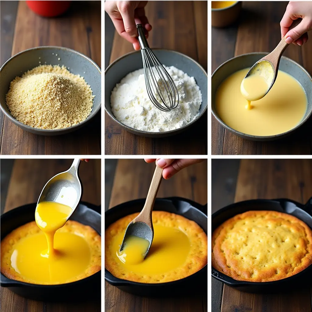 Six-panel collage demonstrating the steps to prepare authentic Texas-style cornbread, showing the mixing of dry ingredients, adding wet ingredients, and pouring batter into a skillet