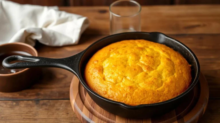 Authentic Texas Style Corn Bread plated on a rustic Texas kitchen table