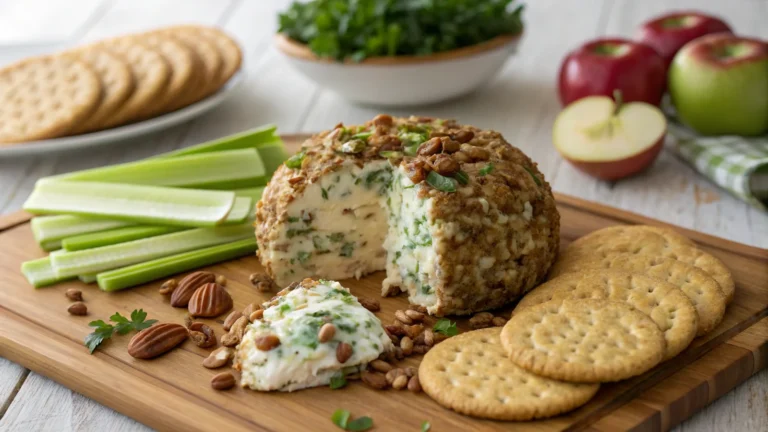 Ballard cheese ball coated with chopped pecans and herbs on a wooden board with crackers