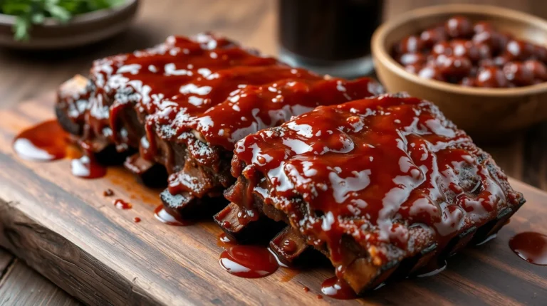 Barbecue Beef Short Ribs Slow Cooker on a rustic wooden cutting board, Texas BBQ style