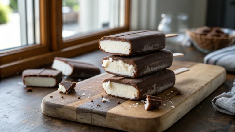 Best homemade Eskimo pie popsicle recipe with creamy vanilla center and crispy chocolate shell