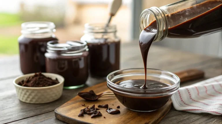 Black label chocolate sauce recipe bulk recipe poured from jar into bowl, dark glossy chocolate sauce