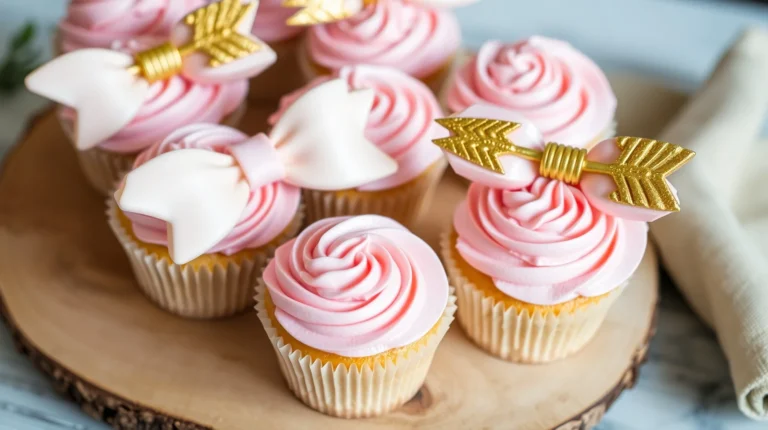 bow and arrow cupcakes with pink and gold frosting on rustic wooden board