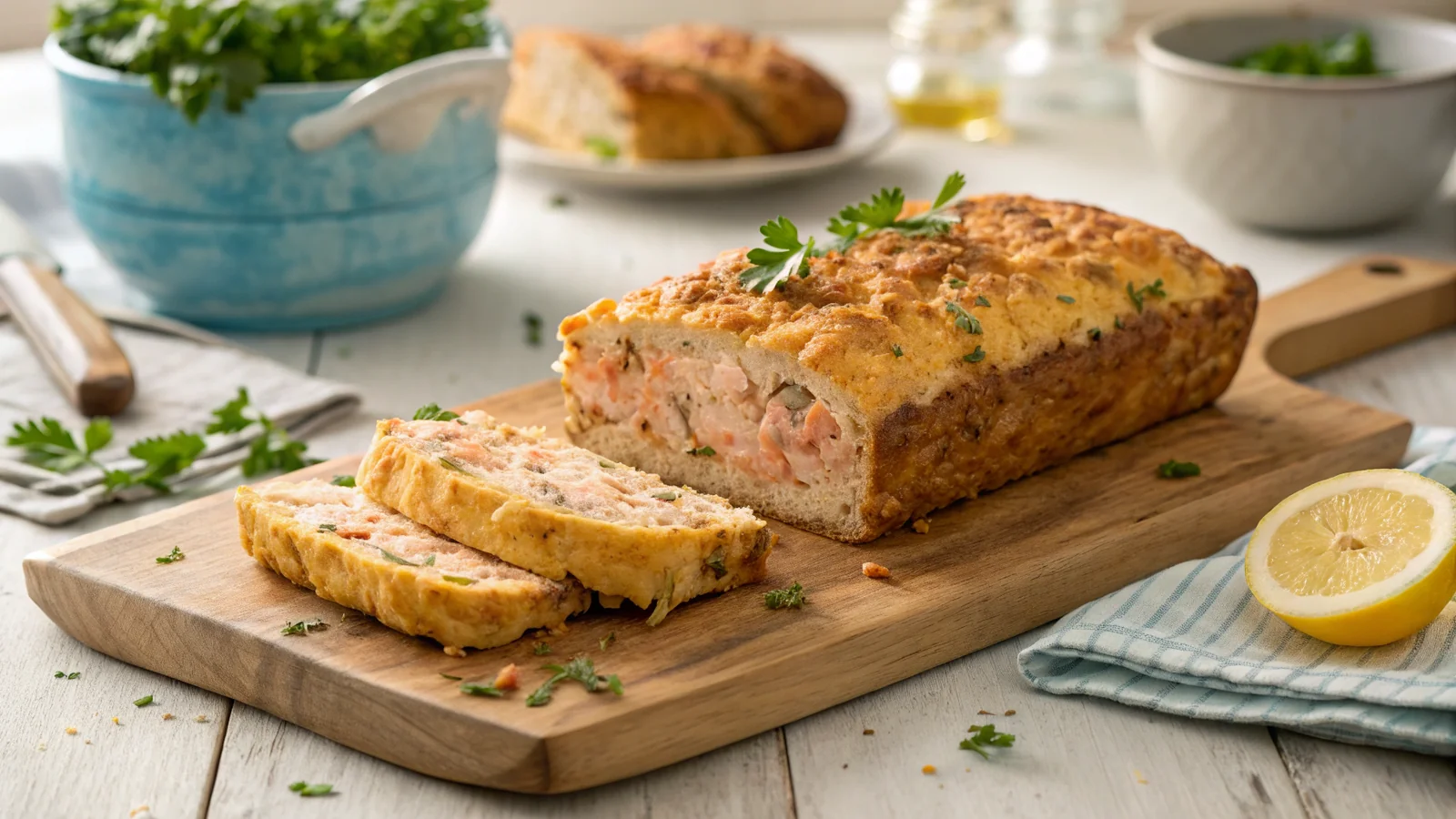 can tuna and salmon be used in same loaf recipe baked golden seafood loaf on wooden board