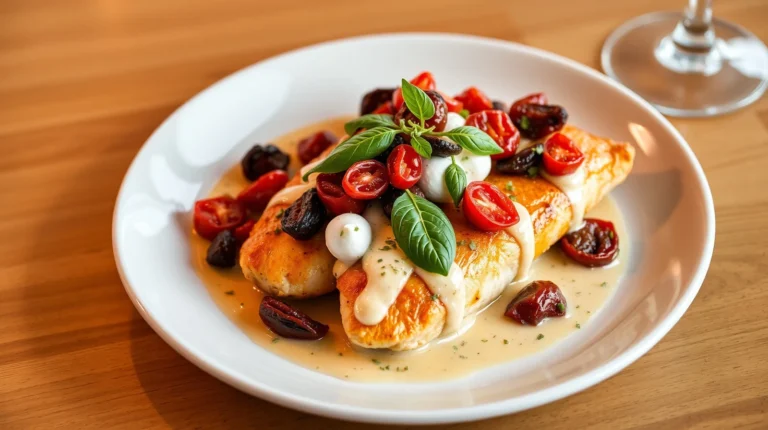 Chicken Bryan Texas plated with garnish on rustic wooden board