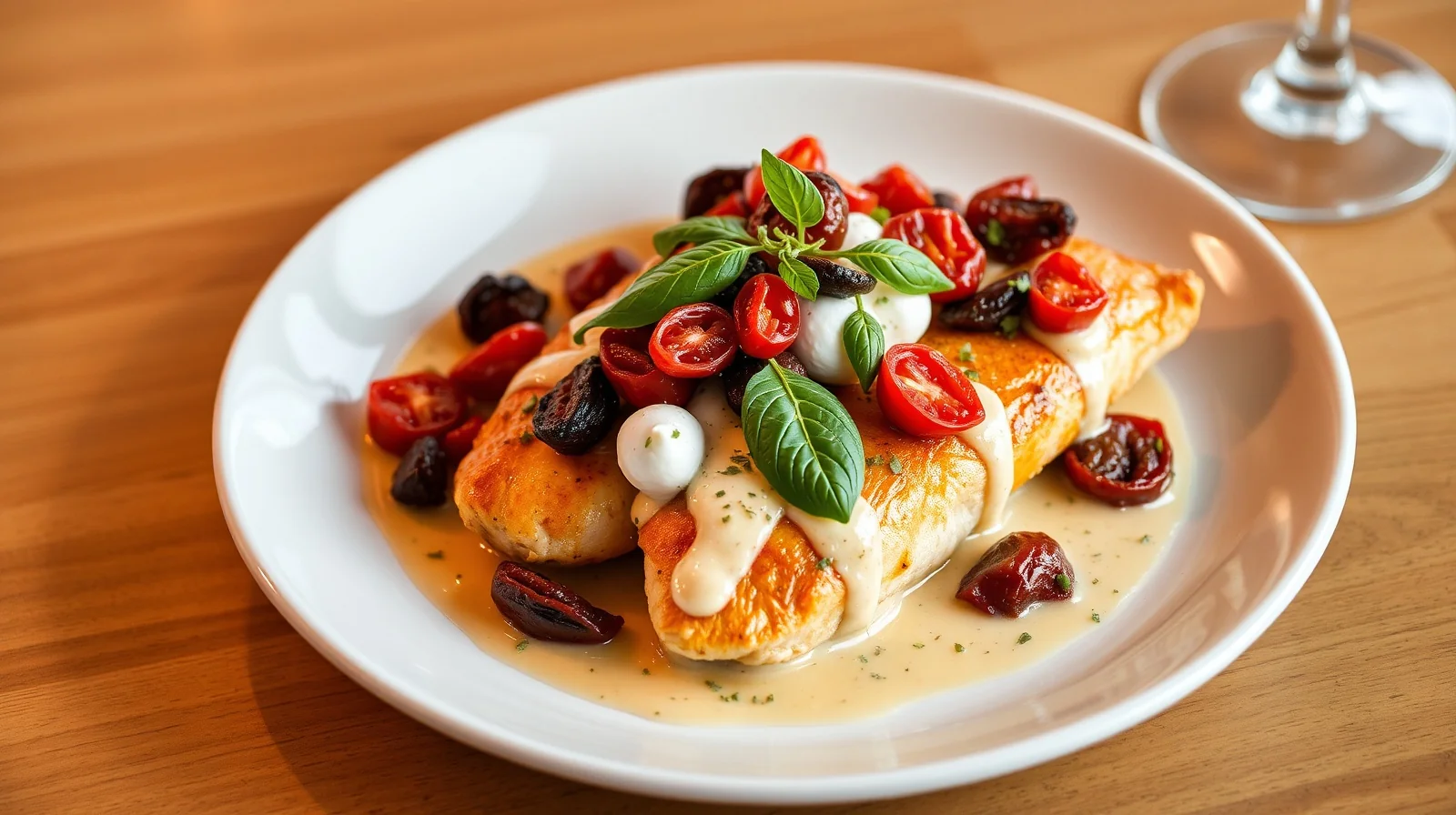 Chicken Bryan Texas plated with garnish on rustic wooden board