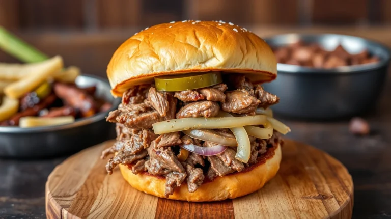 Chopped Beef Sandwich plated on rustic board with sides