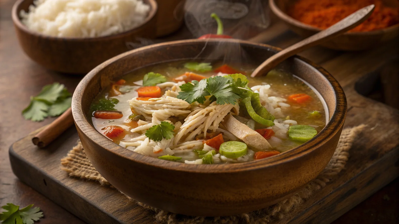 Chopt spicy chicken soup with rice in a bowl with tender chicken and vegetables: chopt spicy chicken soup recipe with rice