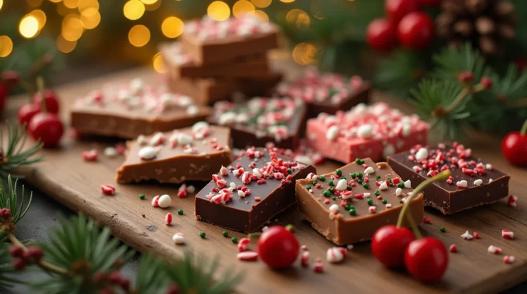 Wooden board with assorted holiday fudge pieces, decorated with peppermint candy and surrounded by festive greenery and cherries. christmas candy recipes