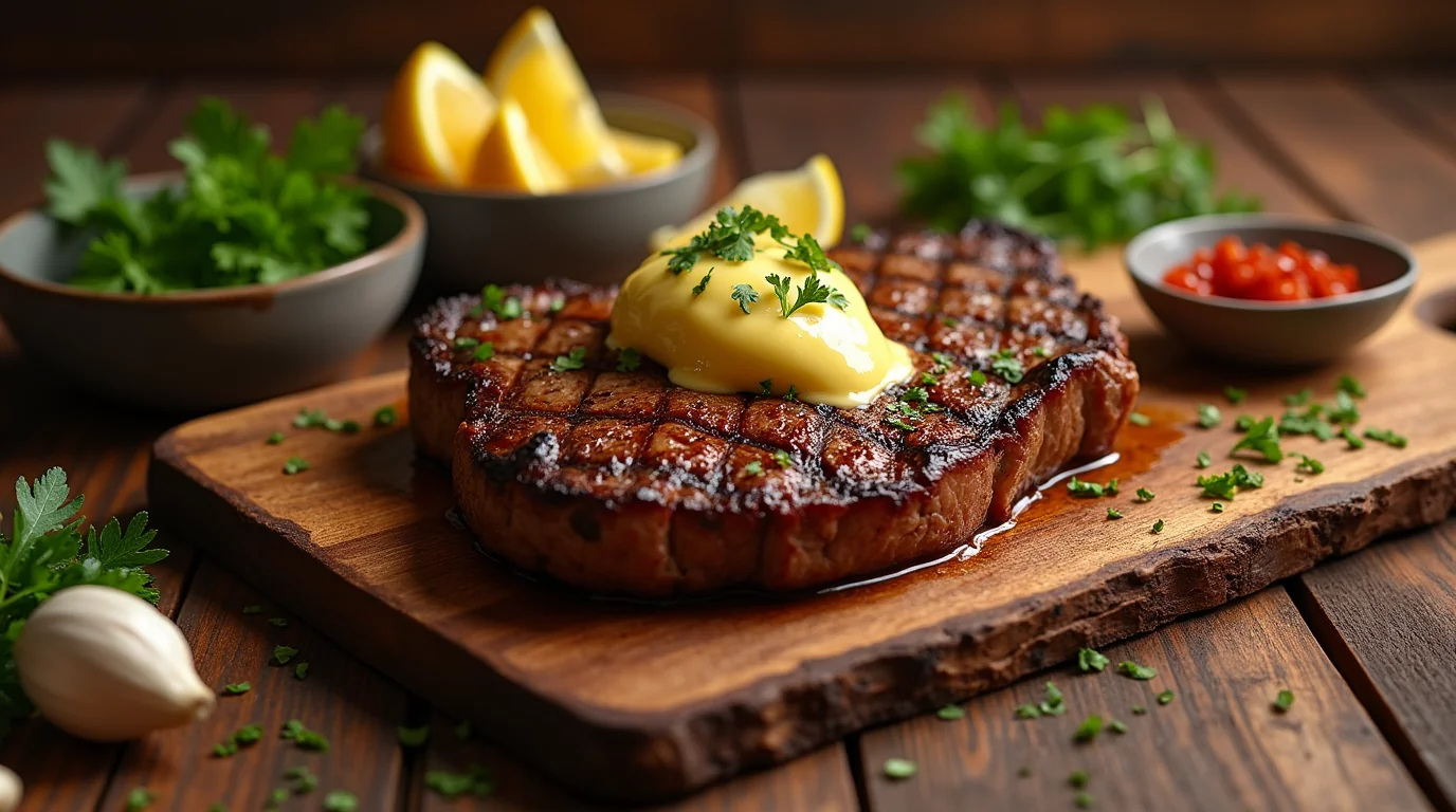 Cowboy Butter for Steak: The Ultimate Guide to Flavor Town 3 A cooked steak topped with a yellow sauce and parsley, on a wooden board, with other ingredients in the background