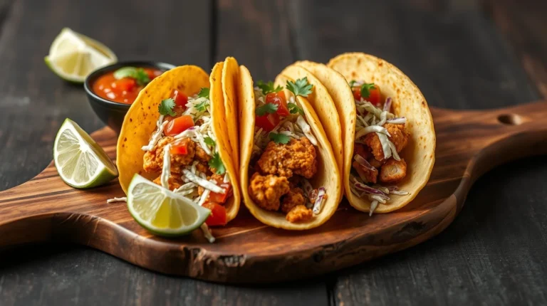 Crispy Chicken Tacos plated on rustic board with sides