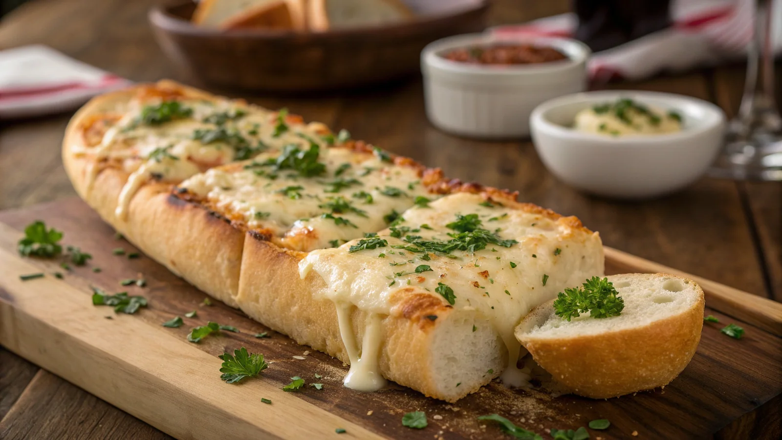cunetto's garlic cheese bread recipe with melted cheese and garlic butter on toasted Italian bread