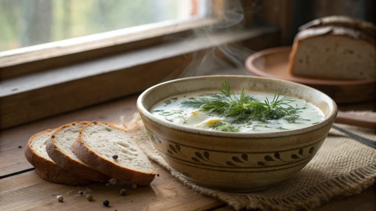 Czech soup sour cream and dill recipe served in rustic bowl with fresh dill