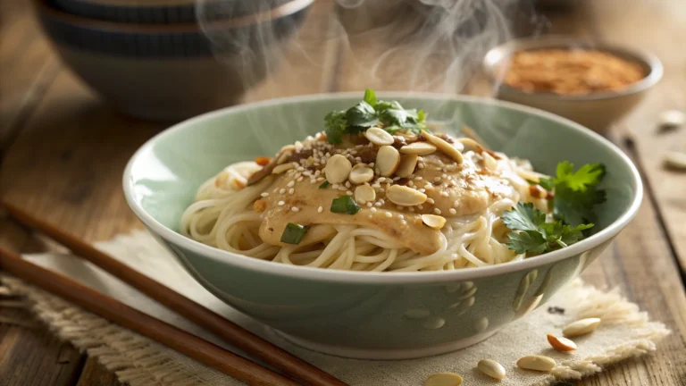 food processor almonds and asian sauce recipe served over noodles in a bowl
