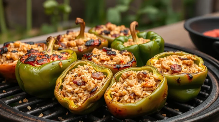 Grilled Stuffed Bell Peppers on a rustic wooden cutting board, Texas BBQ style