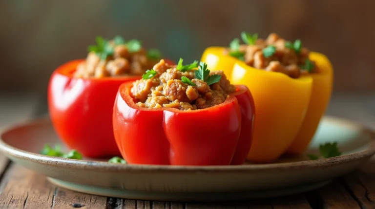 Ground chicken stuffed bell peppers fresh out of the oven — healthy Texas recipe