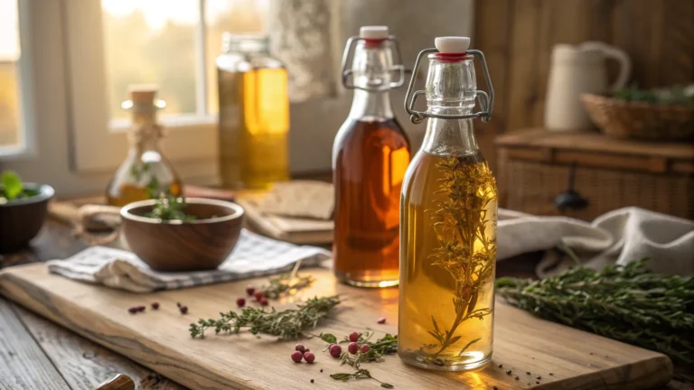 herbal cordial recipe in glass bottles on a rustic wooden table