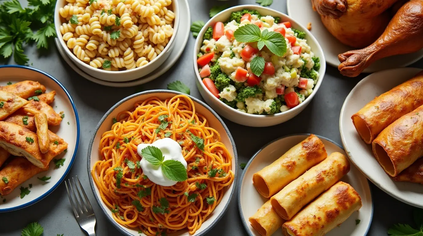 Leftover Rotisserie Chicken Recipes: A Culinary Goldmine 5 Variety of delicious leftover rotisserie chicken recipes on a kitchen counter