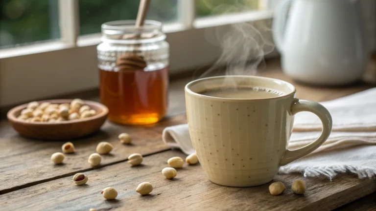 Warm lotus seed honey drink in a ceramic mug with honey and lotus seeds on a table