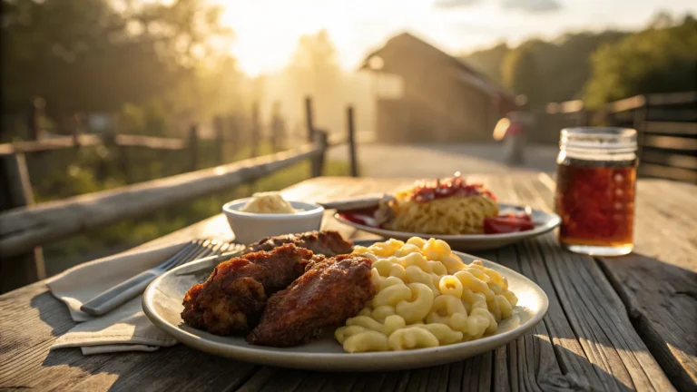 Nashville chicken with creamy mac n cheese served on a rustic table: Nashville Chicken with Mac n Cheese Recipe
