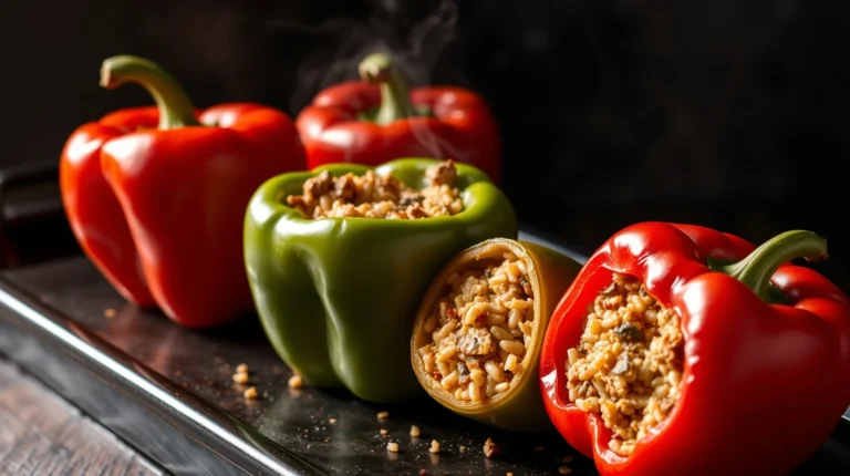 Old Fashioned Stuffed Bell Peppers plated on a rustic Texas kitchen table