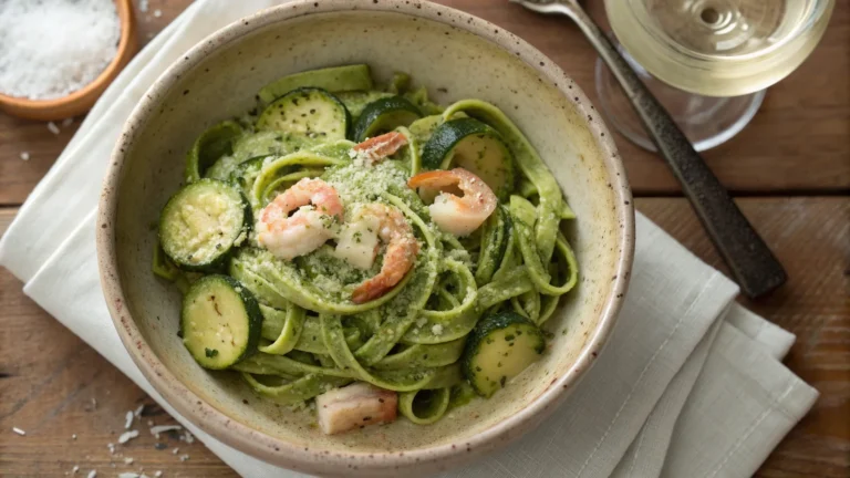 Pesto langostino zucchini and pasta recipes in a rustic bowl with basil and langostino