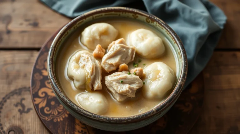 Pillsbury Chicken And Dumplings plated with garnish on rustic wooden board