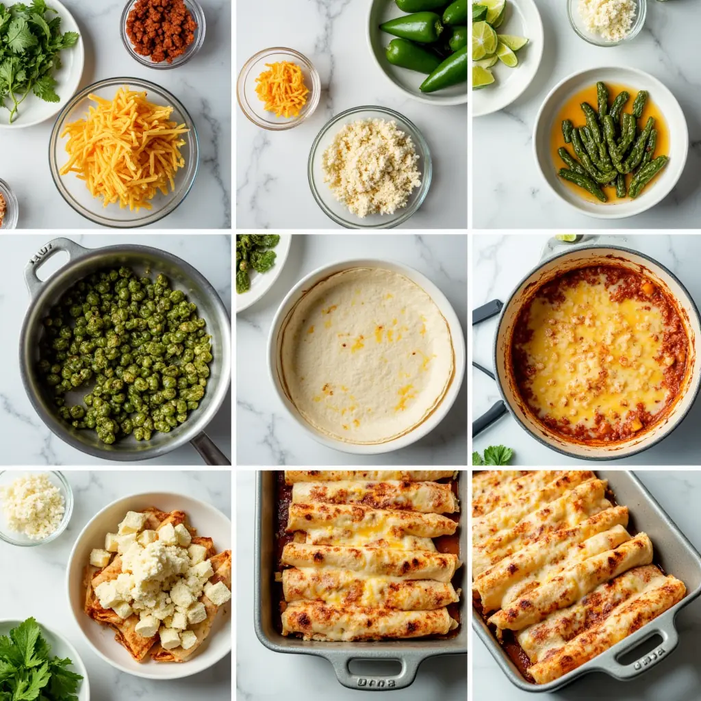 Nine-panel collage showing the preparation stages for poblano chicken enchiladas, from raw ingredients to finished dish