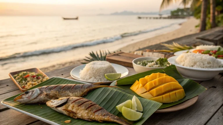 Poesiden food recipes with coconut rice, grilled fish and tropical fruits by the sea