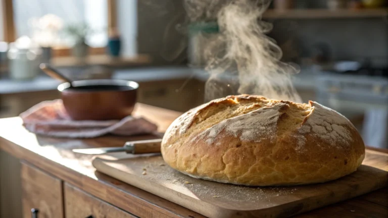 Freshly baked Reka Bread Recipe loaf cooling on a rustic wooden board