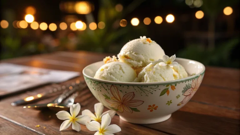 Sampaguita ice cream recipe served in a bowl with jasmine flowers
