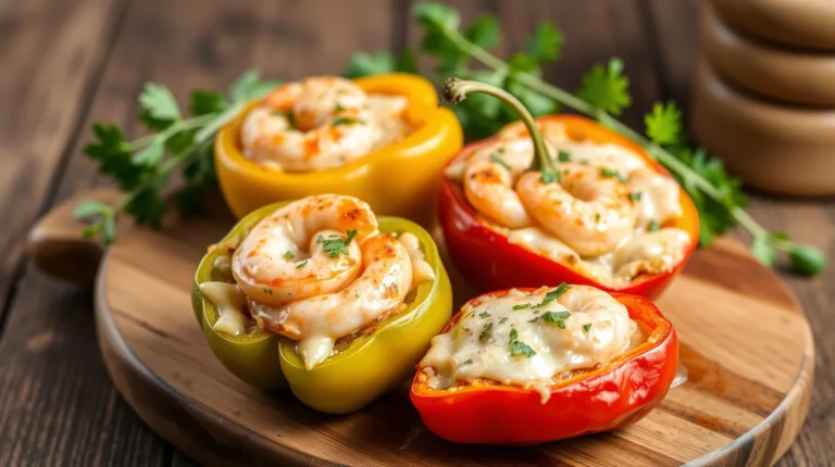 Shrimp Stuffed Bell Peppers plated with garnish on rustic wooden board