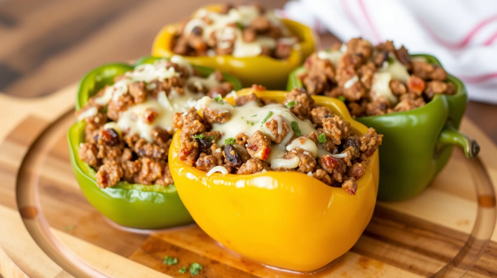 Stuffed Bell Peppers No Rice plated on a rustic Texas kitchen table